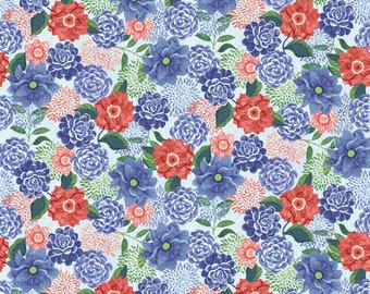 Telas Studio E, "Bella Blue Birds", Floral medio sobre azul claro, 100% algodón