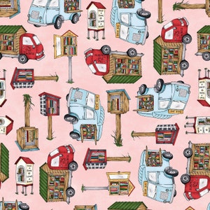 May include: A pink background with a repeating pattern of blue and red bookmobiles, small wooden book houses, and the text "Take a Book, Leave a Book".