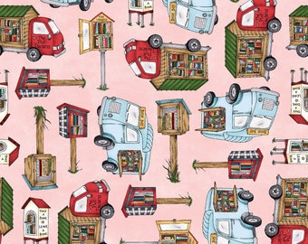 Readerville - Tiny Libraries on pink- Maywood Studio - 100% cotton