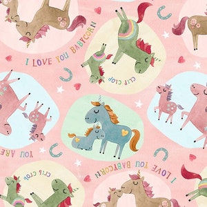 May include: A pink background with a repeating pattern of colorful unicorns and the text "I love you babycorn" and "Clip Clop".