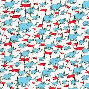 May include: A white background with a repeating pattern of blue elephants holding red flags. The elephants are all facing the same direction and are walking in a line. The flags are all the same size and shape and are flying in the wind.