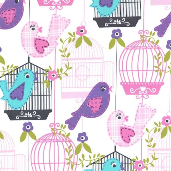 Por Michael Miller canta la canción de 1//2 yarda Blanco ~ Tela Rosa Púrpura Jaula de Aves Aqua