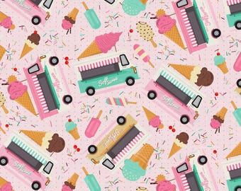 Ice Cream Dream Collection, "Ice Cream Dream" trucks on Pink , Paintbrush Studio Fabrics, Organic 100% cotton, LAST 45 Inches