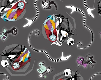 Nightmare Before Christmas, Jack and Sally Vortex on Gray, 100% cotton