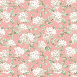 May include: A seamless pattern featuring white flowers with green leaves on a light pink background.