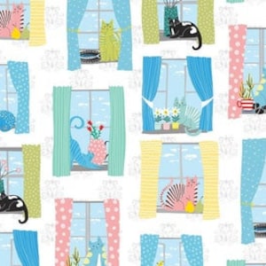 &quot;Schnurrhaare, &quot;&quot;Cats in Windows&quot;&quot; auf weiß von Quilting Treasures, LETZTE 100 cm.&quot;