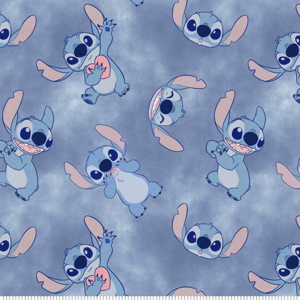 Disney, Lilo & Stitch, "Stitch Watercolor Ground" on blue  - 100% cotton, LAST 35 Inches