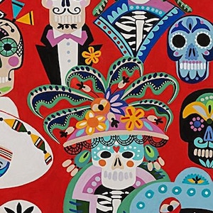 Carita Calaveras auf Rot, Folklorico von Alexander Henry, 1 Meter
