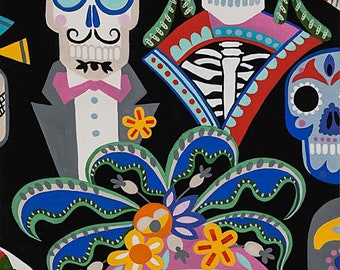 Carita Calaveras on Black, Folklorico by Alexander Henry,  1 yard