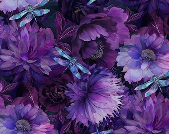 108" Extra Wide Floral with Dragonflies on purple -  Timeless Treasures Fabric, 100% cotton, LAST 38 Inches