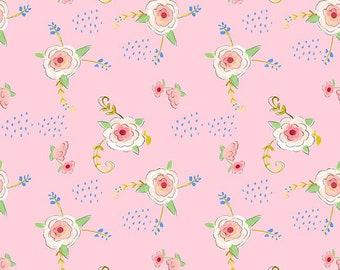 Happy Go Lucky, Happy flowers on pink, von Jennifer Heynen, floral