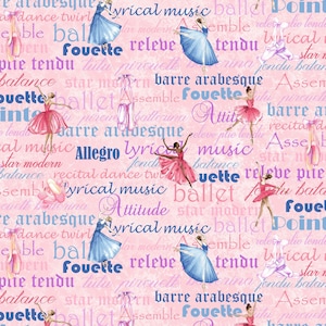 Prima Ballerina, Words & Dancers on Pink, by Henry Glass Fabrics,  yard