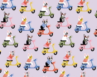 From Camelot Fabrics, Pawsomely Posh on Light Purple - Dogs on Scooters -  COTTON FLANNEL