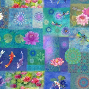 May include: A patchwork design featuring watercolor illustrations of lotus flowers, koi fish, dragonflies, and water lilies in shades of pink, purple, orange, and blue. The design incorporates geometric and floral patterns.