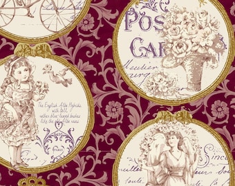 Quilt Gate Fabrics, Isabella. Ruru Bouquet, VINTAGE French Postcards on Red,  yard