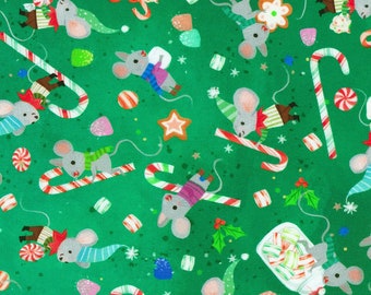 Jingle Pals, Candy Canes and Mice on Green- Robert Kaufman,  100% Cotton Fabric