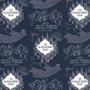 May include: A navy blue background with a white repeating pattern of a castle map with the text "The Marauder's Map" and "Messrs Moony Wormtail Padfoot & Prongs are proud to present".