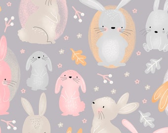 Comfy Flannel Prints -  Pastel bunnies on Grey,  100% cotton Flannel, yard