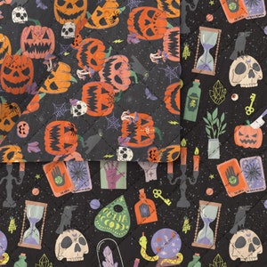 May include: A black and white patterned fabric with a Halloween theme. The fabric features pumpkins, skulls, hourglasses, tarot cards, and other spooky imagery. The fabric is perfect for crafting, quilting, and other DIY projects.