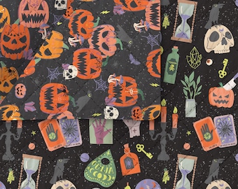Mystical Halloween, Reversible Double faced quilted Fabric