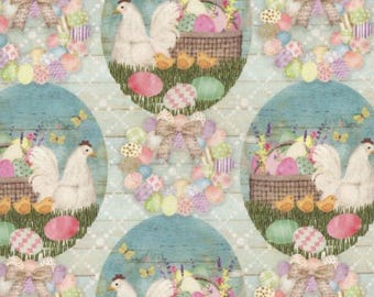 May include: A seamless pattern featuring a repeating design of white chickens, baskets of colorful Easter eggs, and wreaths of pastel-colored eggs. The background is a light blue with a subtle woodgrain texture.