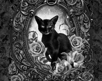 Wicked -Charmed Familiar,  Cat Floral Portrait 24&quot; Panel, cotton fabric