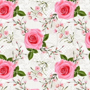 Puede incluir: Un patrón sin costuras con grandes rosas rosas, pequeñas flores rosas y hojas verdes sobre un fondo de encaje blanco. Las rosas están en plena floración, creando un tema floral romántico.