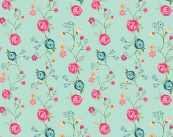 Calico Cowgirls, Floral & Vines on Teal by Poppie Cotton,  100% Cotton Fabric