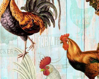 Hühner auf verblichenem Zaun, Farm Fresh, 100% digitale Baumwolle