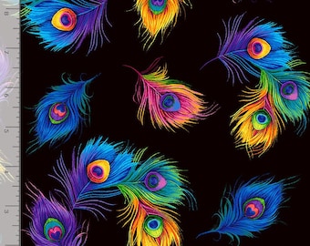 Timeless Treasures, Glow Tossed Rainbow Peacock feathers, cotton fabric, yard
