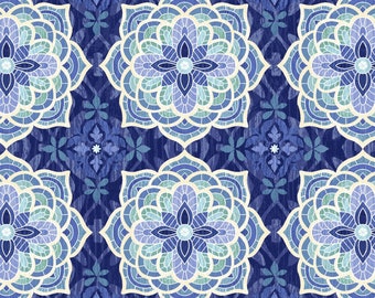 Studio E Fabrics, "Bella Blue Birds", Medallones en azul índigo, 100% algodón