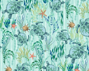 Studio E Fabrics, "Deep Blue Sea" Collection, SEA TURTLES in Aqua,  Cotton Woven Fabric, LAST 39 Inches