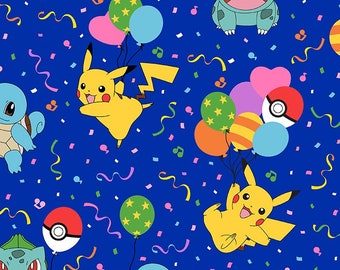 P0KEMON  Party fabric, Gamer fabric, Licensed Pokemon Fabric on Blue, Pikachu, Squirtle and bulbasour
