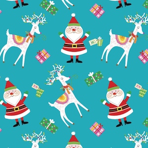 Santa and Friends from Quilters Pallete, Santa and Reindeer Gift Giving on Aqua, yard