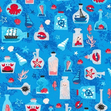 Ships in a bottle on Blue by Pink Light Design, "Seaside Treasures"  for Robert Kaufman, yard