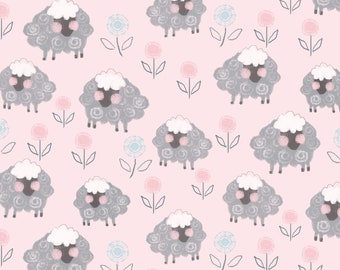 Comfy Flannel Prints -Grey Sheep on Pink, Nursery Flannel,  100% cotton Flannel, yard