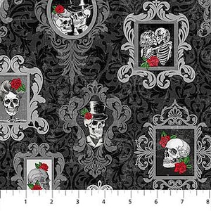 May include: A fabric with a repeating pattern of framed skulls, roses, and damask designs in black, gray, and white. The frames vary in shape and style, with red roses accenting the skull images. The fabric is approximately 8 inches wide.