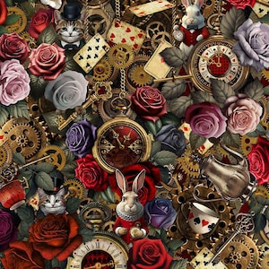 Puede incluir: Un patrón complejo que presenta un gato sonriente con sombrero de copa, un conejo con abrigo rojo, varios engranajes de reloj de latón, naipes, llaves ornamentadas, una tetera de plata, una taza de té y numerosas rosas rojas, moradas y blancas.