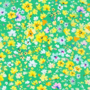 Bee Free by Lauren Wan, Yellow Flowers and Butterflies on Meadow Green,  100% cotton