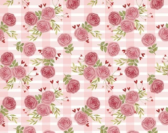 NEW Hugs, Kisses and Special Wishes, &quot;Heart Bouquet&quot; on gingham from 3 Wishes Fabric.  100% cotton