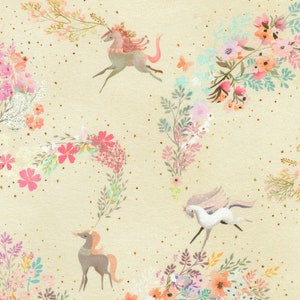 Unicorn Meadow Collection, Dancing Unicorn on Cream, 100% cotton