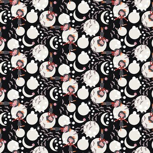 May include: A repeating pattern on a black background features cartoon figures of girls in red tops and black skirts, standing on white circles. The design includes crescent moons, bats, and smaller white circles, creating a Halloween theme.