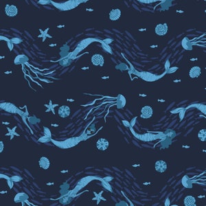 May include: A seamless pattern featuring blue mermaids swimming in a dark blue ocean with schools of fish, jellyfish, seashells, and starfish.