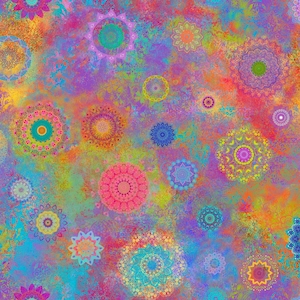 May include: A vibrant, colorful abstract design featuring multiple mandala patterns in shades of pink, blue, yellow, and purple. The background has a watercolor effect, with splashes of color creating a textured appearance. The overall theme is bohemian and artistic.