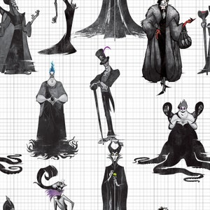 Disney Villains, Villains Shadows on White, cotton fabric, yard