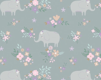 Par Camelot Fabrics, doux motif floral éléphant - sur gris. FLANELLE DE COTON