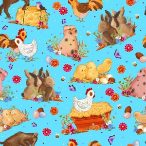 Happy Valley Farm, Farm Animals on Blue, bunnies, pigs, chicks,  LAST 50 Inches