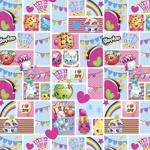 May include: A colorful digital paper pattern featuring cartoon characters, hearts, shopping carts, and the words "Shopkins" and "I love SPK".