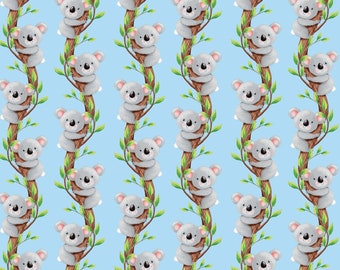 Party Animals Collection, "Koalas on Trees" in Light Blue, from Henry Glass Fabrics