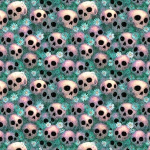 May include: A repeating pattern featuring off-white skulls with dark eye sockets and nasal cavities interspersed with small, light blue daisy flowers on a textured, dark teal background. The skulls are arranged in a dense, uniform grid.